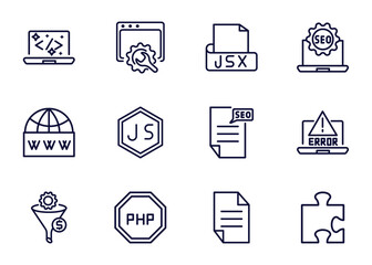 Sticker - set of information technology thin line icons. information technology outline icons such as clean code, web optimization, jsx, _icon19_, web domain, seo funnel, programming language, page vector.