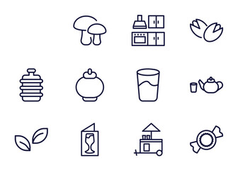 Wall Mural - set of food thin line icons. food outline icons such as hotdog and bread, mushrooms, kitchen pack, _icon19_, water container, leaf, drinks menu, snack booth vector.