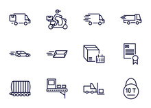 Set Of Delivery And Logistics Thin Line Icons. Delivery And Logistics Outline Icons Such As Moving, Delivery By Motorcycle, _icon19_, By Car, Cargo Train, X Ray, Forklift Vector.