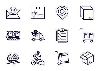 Canvas Print - set of delivery and logistics thin line icons. delivery and logistics outline icons such as zip code, logistic protection, arrival, _icon19_, conveyor, ocean transportation, delivery by bike,