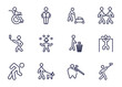 © Abstract - set of behavior and action thin line icons. behavior and action outline icons such as man on wheelchair, man reading newspaper, cutting lawn, _icon19_, man selfie, stick excersicing, walking the