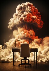 Canvas Print - A desk with a chair in front of an explosion of smoke. AI.