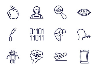 Poster - set of ai and future technology thin line icons. ai and future technology outline icons such as synthetic food, shop assistant, microbots, _icon19_, bionic arm, robots, ai brain, aeroplane vector.