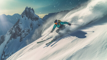 Wall Mural - A Skier skiing. Jumping skier. Snowboarding. Extreme winter sports. Skier skiing downhill during sunny day in high mountains. Generative Ai.