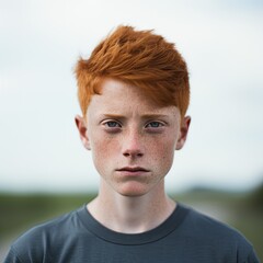 Canvas Print - Portrait of a 14 year old ginger boy with red hair - created using generative AI tools