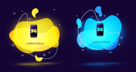 Poster - Black Mobile with 5G new wireless internet wifi icon isolated on black background. Global network high speed connection data rate technology. Abstract banner with liquid shapes. Vector