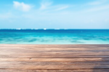 Sticker - Wooden table top on blurred blue sea background