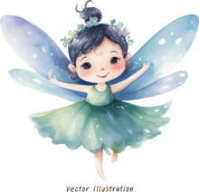 Cute Fairy With Wings Watercolor Ornament  Vector 