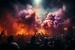 A chaotic scene at the clouded establishment, lights clashing in a lively crowd. Generative AI