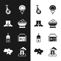 Sticker - Set Varenyky in a bowl, Ukrainian footwear, Bandura, Dumplings on fork, Church tower, house, cossack and Map of Ukraine icon. Vector