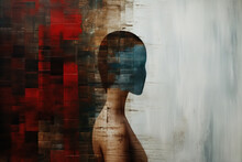 Female psyche, depression, despair mood, pain art concept. Illustration of a faceless woman on a rough abstract background, side view
