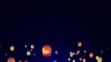 Sky Floating Lanterns Are Launched Into The Air During New Year's Eve And Yee Peng Lantern Festival Traditional. For Festival Invitation, Birthday, Party Celebration. Luminous Floating Lamps