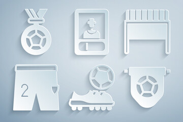 Sticker - Set Football shoes, goal, Shorts for playing football, flag pennant, soccer card and medal icon. Vector