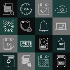 Poster - set line ssd card, tombstone with rip written, dead laptop, calendar check mark, alarm clock, delete