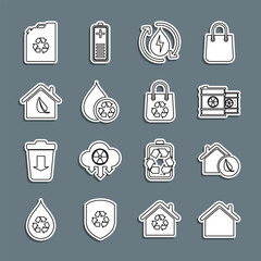 Wall Mural - Set line House, Eco friendly house, Radioactive waste in barrel, Recycle clean aqua, fuel canister and Shopping bag with recycle icon. Vector