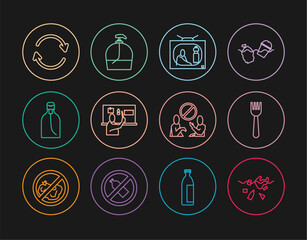 Sticker - Set line Problem of pollution planet, Disposable plastic fork, Stop, Bottle liquid soap, Refresh, and icon. Vector