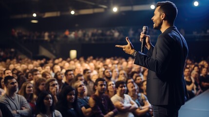 Wide shot of man giving a speech on stage during a seminar. Generative AI