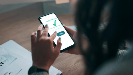 Poster - Woman, hands and phone in online shopping for food, meal or payment transaction in office. Closeup of female person on mobile smartphone app or menu making purchase in sequence for ecommerce success