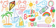 Summer funny hand drawn symbols vector set. Fruits, ice cream, sun, kite. Like kids colorful crayon, pastel, candy, rainbow, coconut, chalk or pencil stroke. Doodle cartoon art.