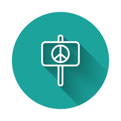 Sticker - White line Peace icon isolated with long shadow background. Hippie symbol of peace. Green circle button. Vector