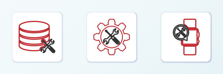 Poster - Set line Smartwatch service, Database server and Wrench and screwdriver in gear icon. Vector