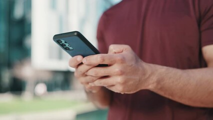 Canvas Print - Man, phone and hands typing in city for networking, online browsing or outdoor communication. Closeup of male person chatting, texting or busy on social media with mobile smartphone app in urban town