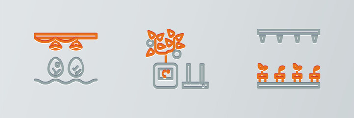 Poster - set line automatic irrigation sprinklers, smart farm with bulb and plant and farming technology icon