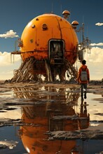A Man Walking In Front Of An Orange Submarine. AI.