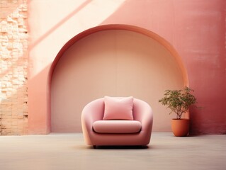 Canvas Print - A pink chair sitting in front of a pink wall. AI.