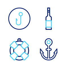 Poster - Set line Anchor, Lifebuoy, Bottle of vodka and Fishing hook icon. Vector