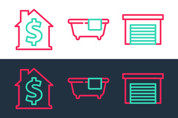 Sticker - Set line Garage, House with dollar symbol and Bathtub icon. Vector