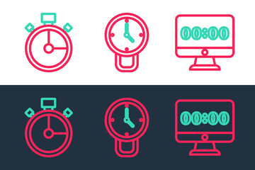 Poster - Set line Clock on monitor, Stopwatch and icon. Vector
