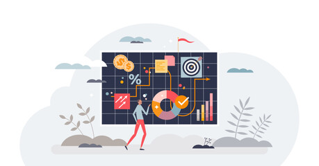 Wall Mural - Marketing plan and commercial or promotion strategy tiny person concept, transparent background.Advertising management with campaign financial budget, control and schedule illustration.