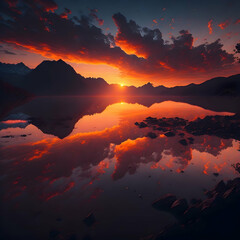 Wall Mural - a beautiful sunset over a lake with mountains in the background, generative AI
