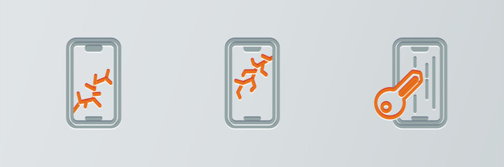Poster - set line glass screen protector, mobile with broken and icon. vector