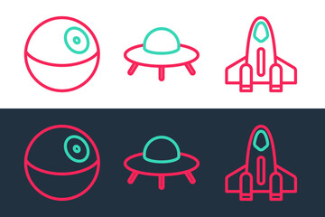 Poster - set line rocket ship, planet and ufo flying spaceship icon. vector