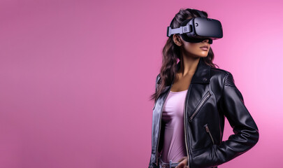 Wall Mural - Brown ethnicity teenage girl with a black VR headset, pink background, Generative AI.