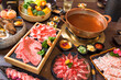 Seafood cuisine plate and beef sliced meat for hot pots. pork slices, scallops,  seashells, oysters, caviar and other seafood delicacies.