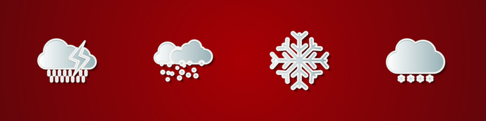 Sticker - Set Cloud with rain and lightning, snow, Snowflake and icon. Vector