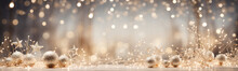 Artistic Christmas Banner Backdrop Adorned With Holiday Decorations And The Soft Shimmer Of Bokeh Lights. Generative AI