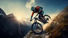 A Man Riding A Bike On A Mountain