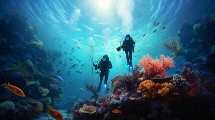 Wall Mural - scuba divers in the ocean