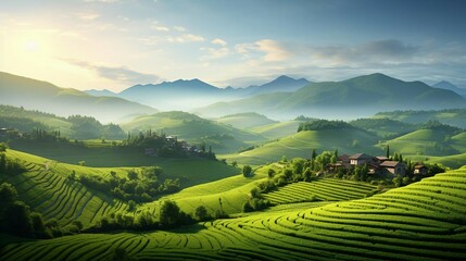 Wall Mural - a green valley with a house in the distance