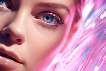 Iridescent Elegance A young caucasian womans close-up portrait reveals a futuristic allure with pastel neon tones and radiant cosmetics
