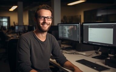 Happy software developer at work
