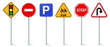 Set Of Road Signs, Traffic Signs. Signal Ahead, No Entry, Parking, School Crossing, Stop And U Turn Ahead Symbol.