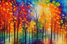 Painting Of A Row Of Colorful Trees. AI Generated Illustration