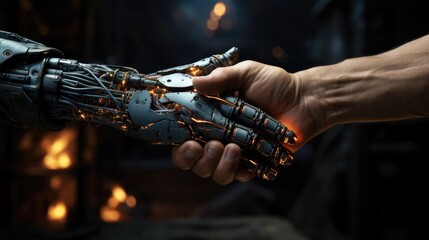 Robot and man hands in handshake. AI technology development and human robot relationships. Generative AI