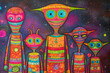 A silly picture of a family of alien monsters drawn by an alien child with colorful pencils. Generated by AI