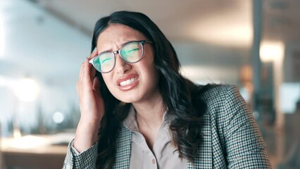 Sticker - Headache, business woman and pain at computer desk in office while typing, tired and frustrated. Female entrepreneur person with glasses and tech or eye fatigue, weak mindset and strain or burnout